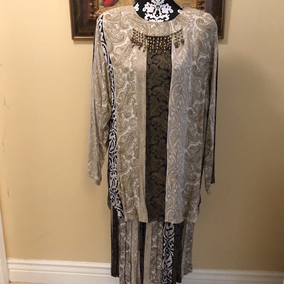 🤎Carole Little 2-Pc Damask Pleated Skirt & beaded neck tunic + infinity sash - Picture 2 of 16